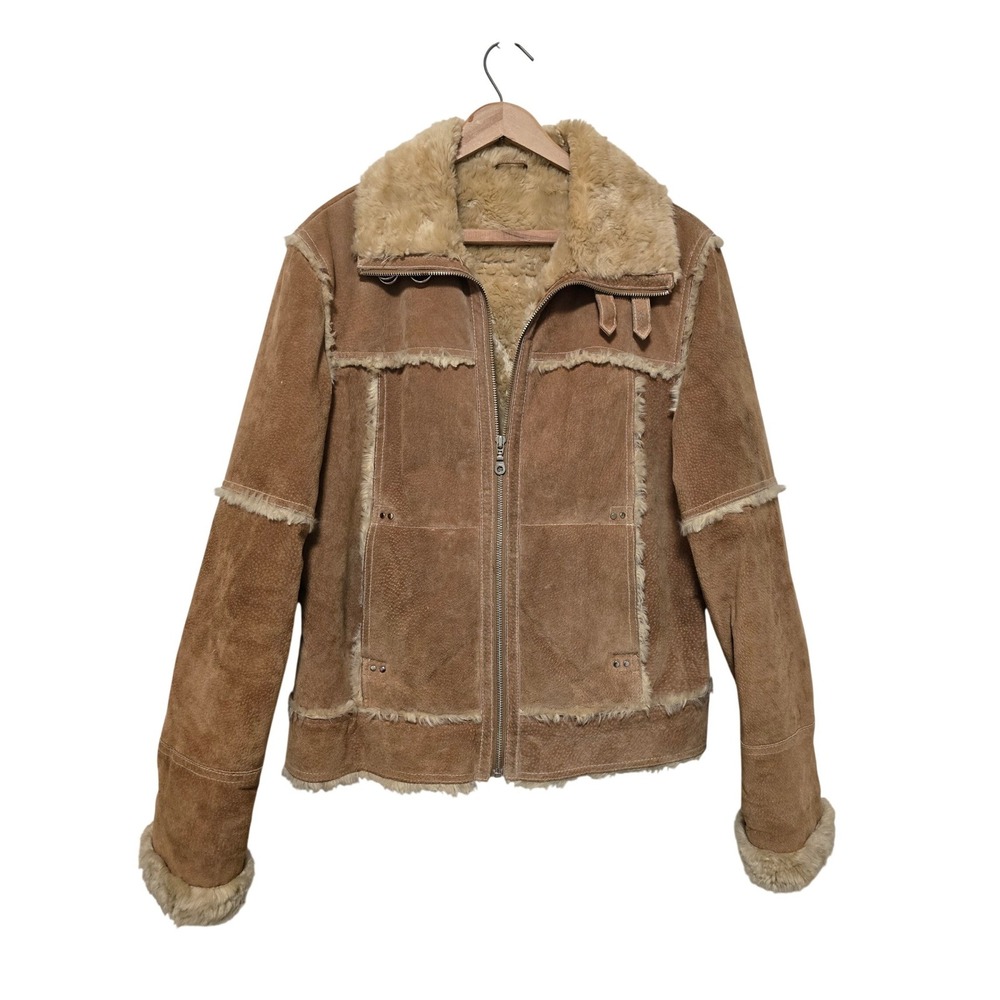 Wilson Leather Womens Vintage Suede Faux Shearling Lined Aviator Coat Size Large